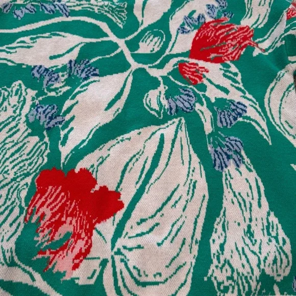 AVARA Size S Green-White w/Pink-Blue Splashes Tropical Print Crew Neck Sweater - Picture 5 of 7